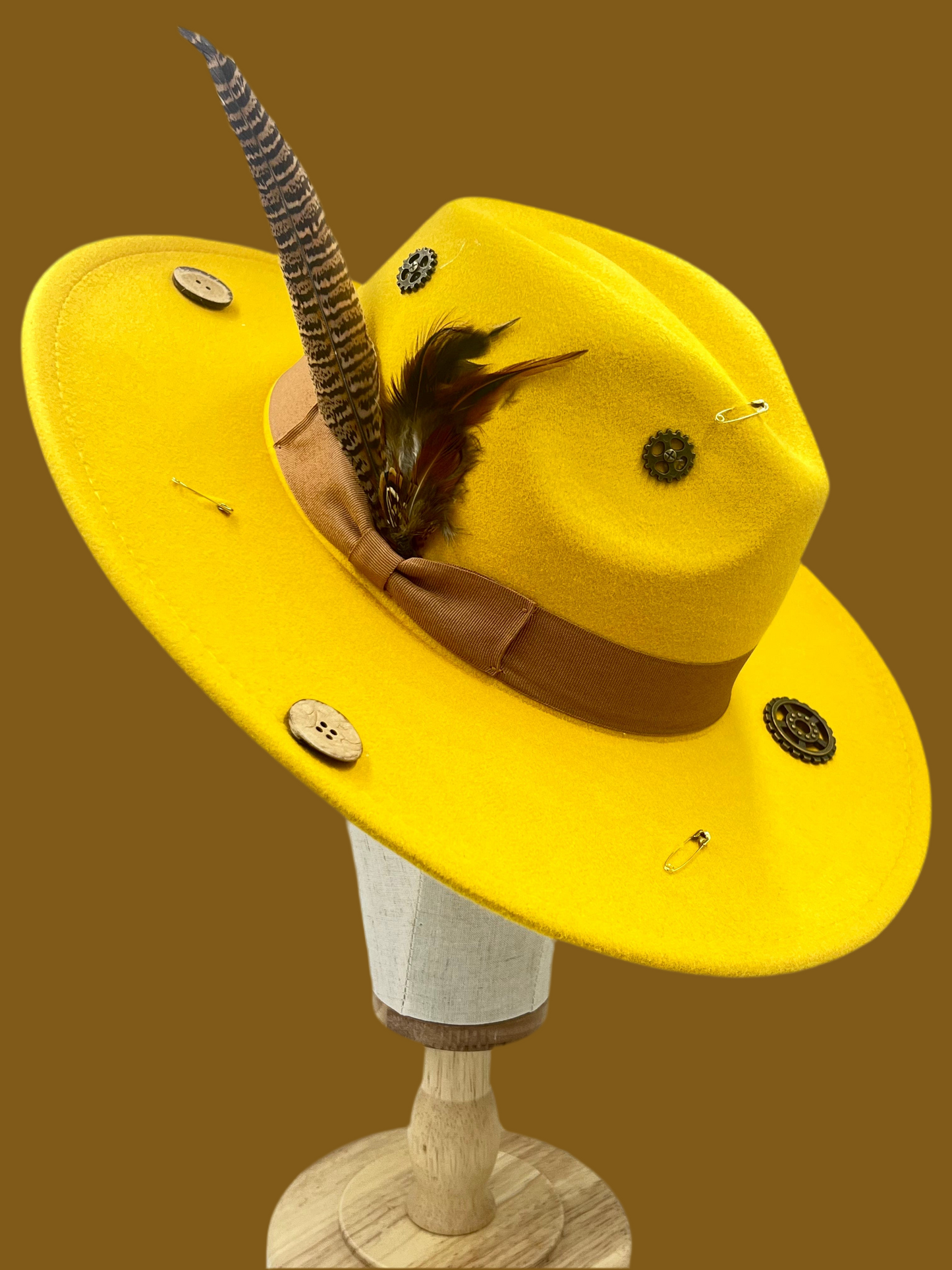 Luxury Bow Tie Fedora Hat -Button -up-yellow