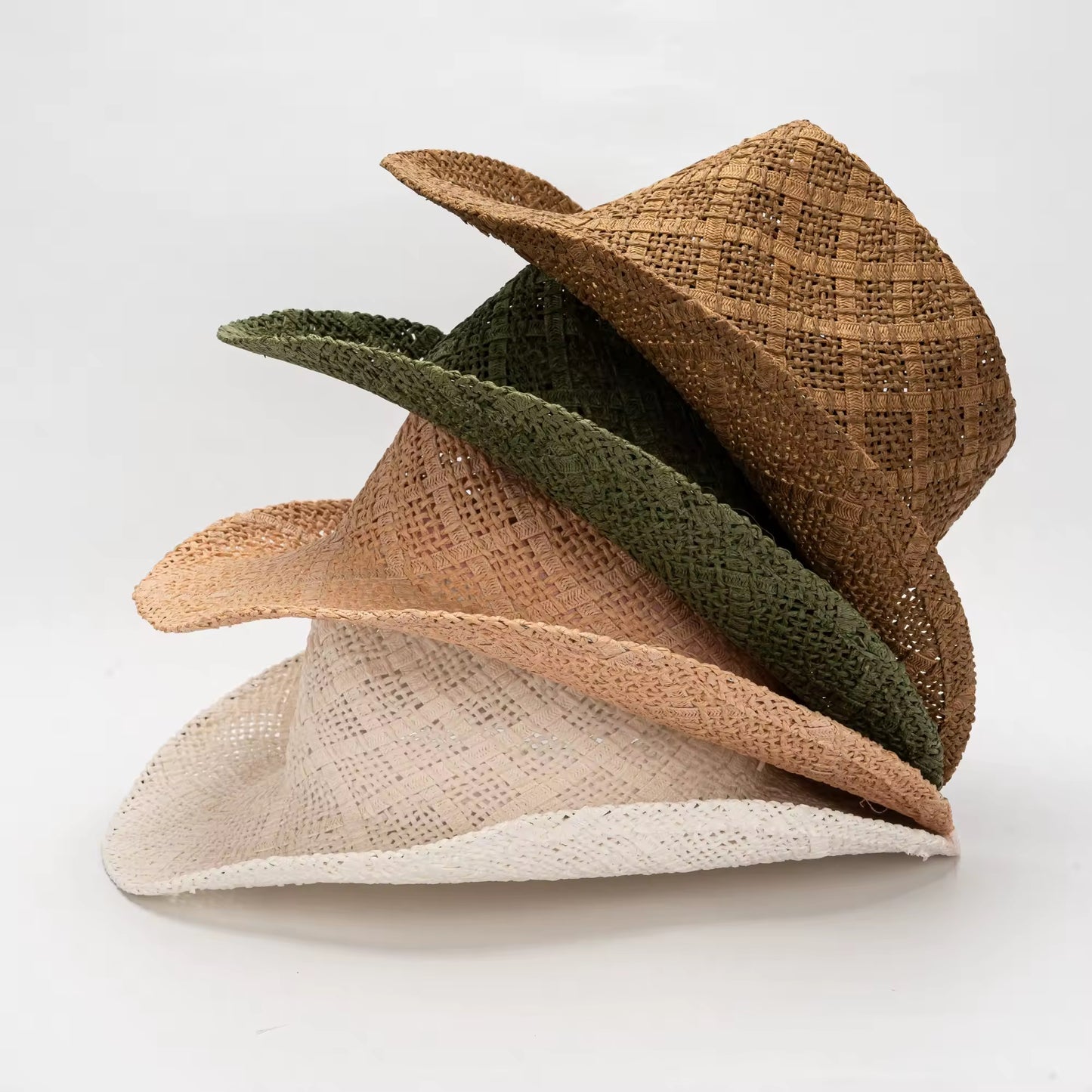 Beached Straw Cowboy Hat - HandWoven ,Natural Grass Adjustable, Unisex ,Sun Protection, 56-58cm Breathable Design with Beaded Band - Accessorizmee