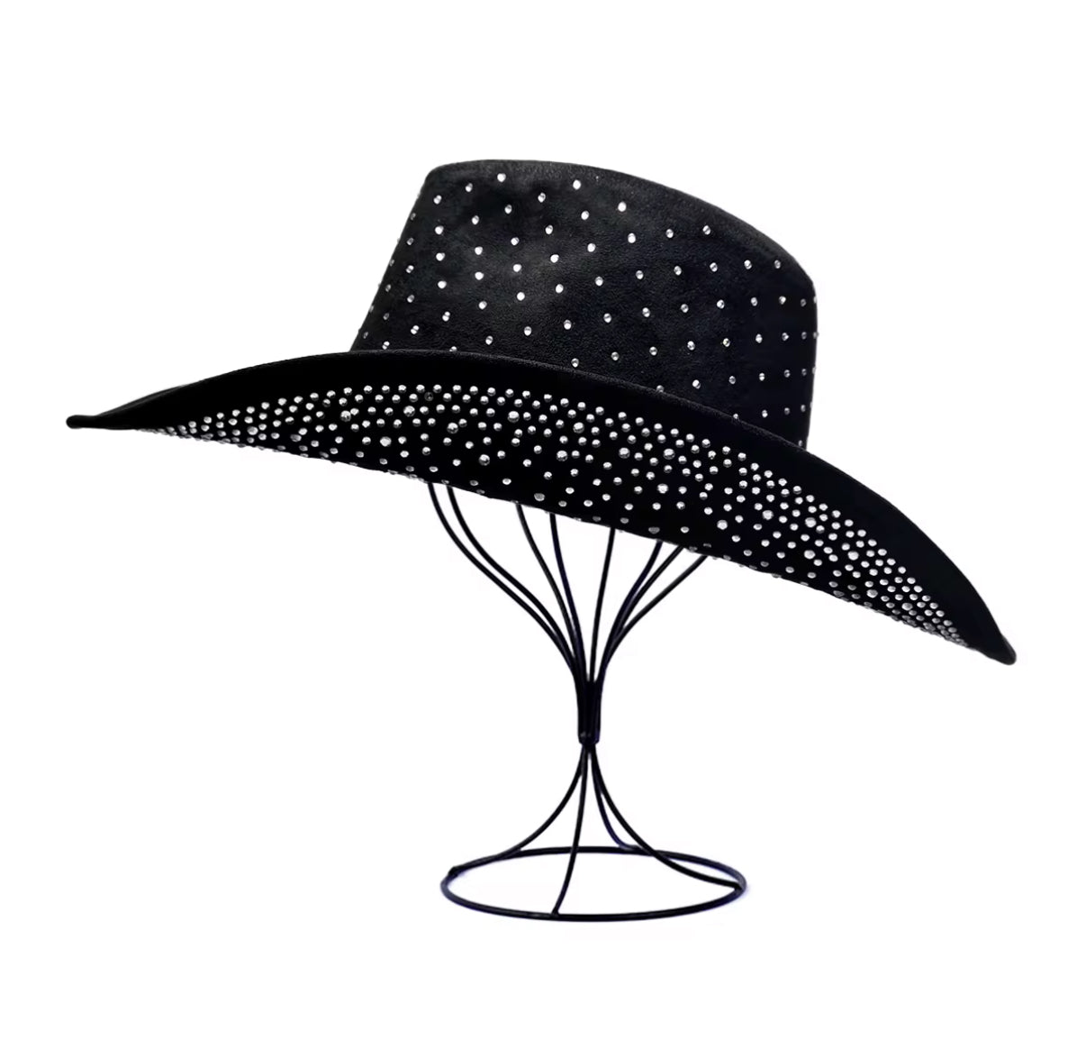 Diamond Embellishment Vegan Suede Cowboy Hat - Adjustable Fedora Style, Unisex, 56-58cm, Ethical & Cruelty-Free, Adjustable Straps Inside - Accessorizmee
