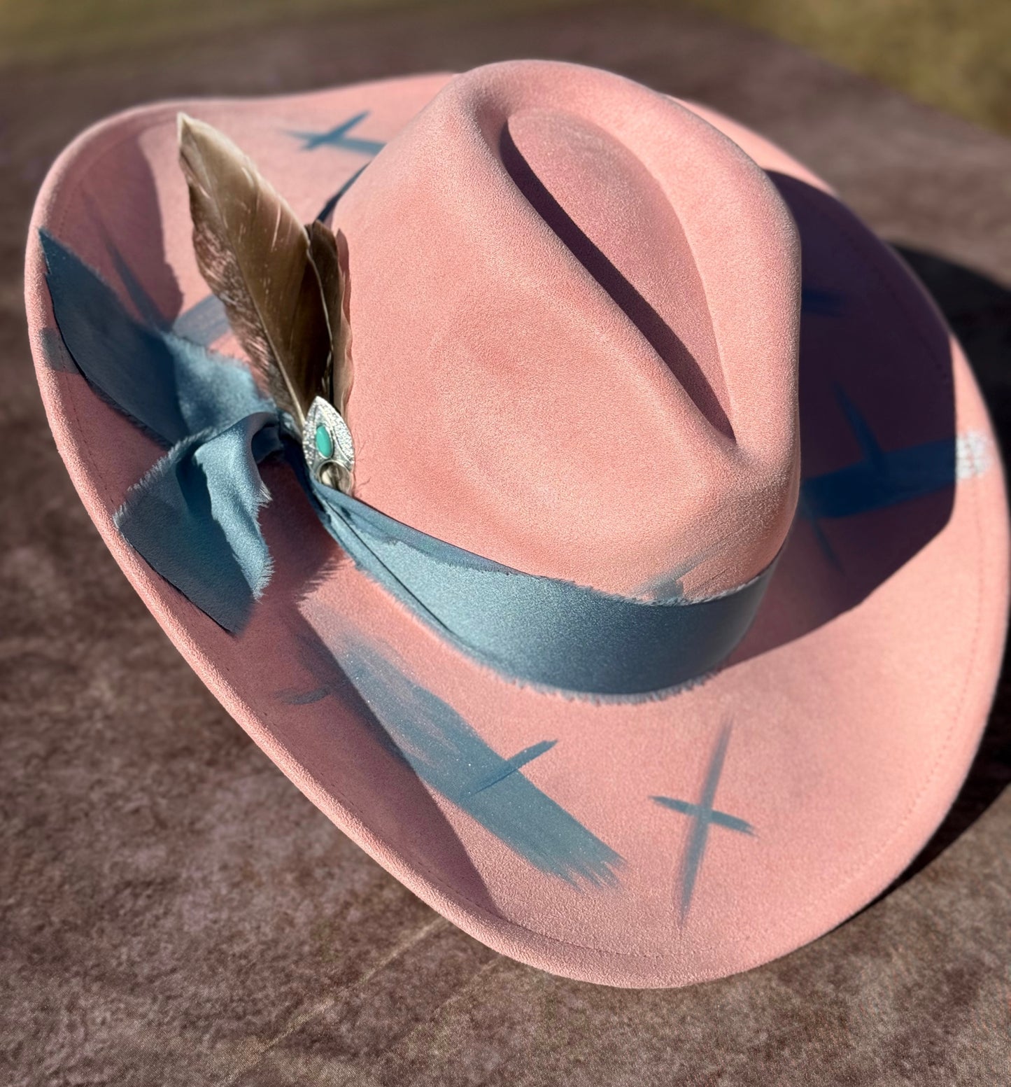 Western Twang Suede Cowboy Hat - Pink Color, Features Feather Accent & Ribbon Detail, Classic Design for Western Outfit