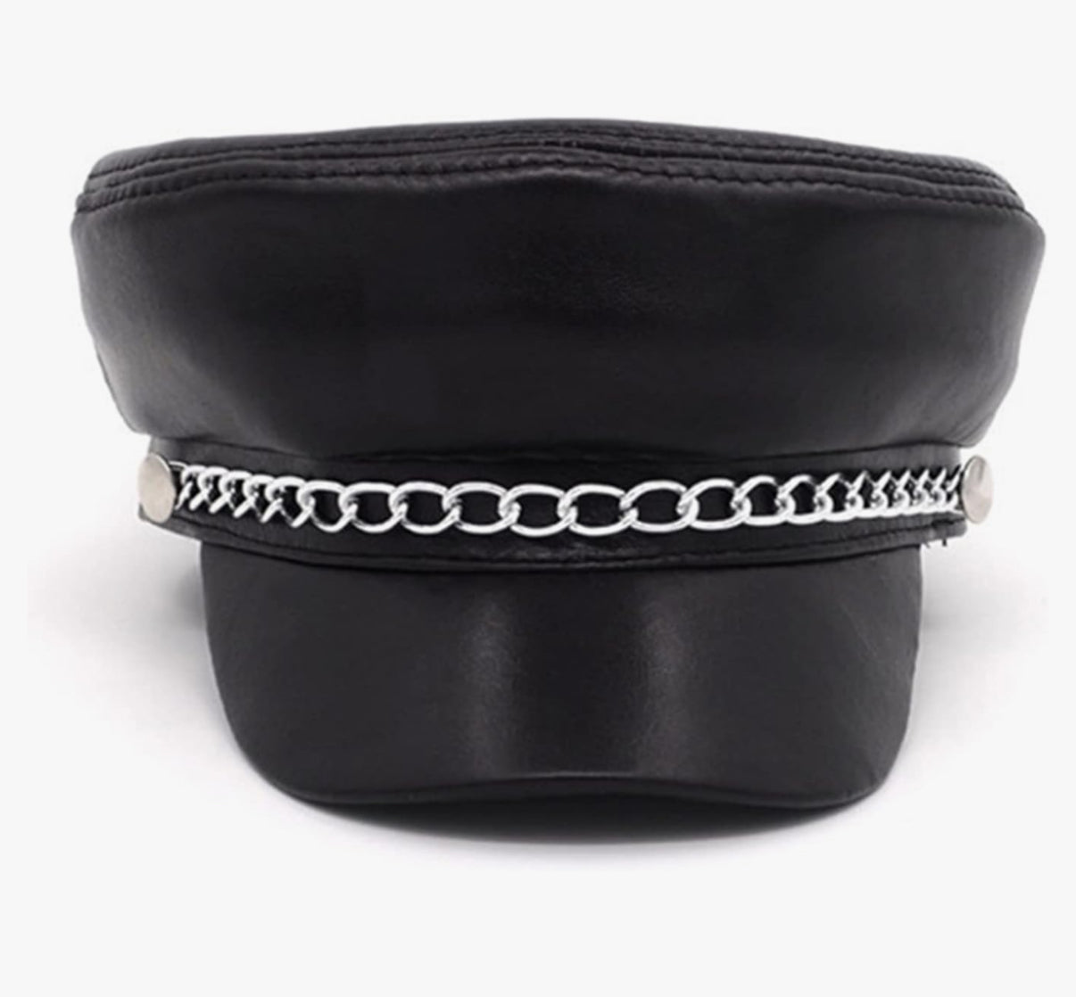 Vintage Style Faux Leather Flat Top Cap with Chain Detail - Accessorizmee