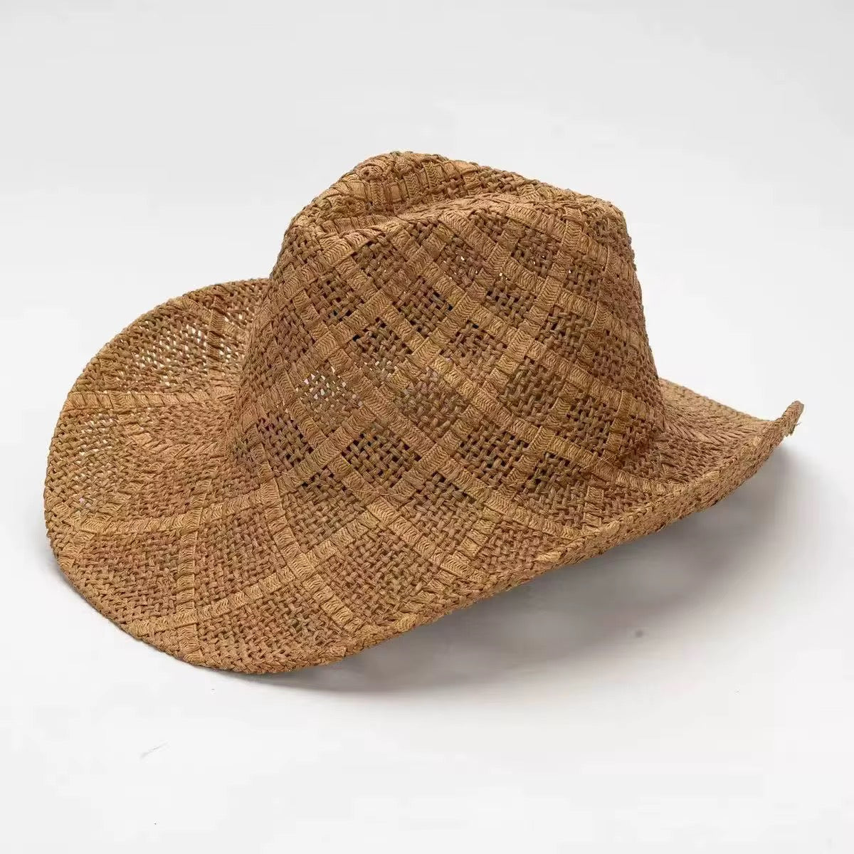 Beached Straw Cowboy Hat - HandWoven ,Natural Grass Adjustable, Unisex ,Sun Protection, 56-58cm Breathable Design with Beaded Band - Accessorizmee