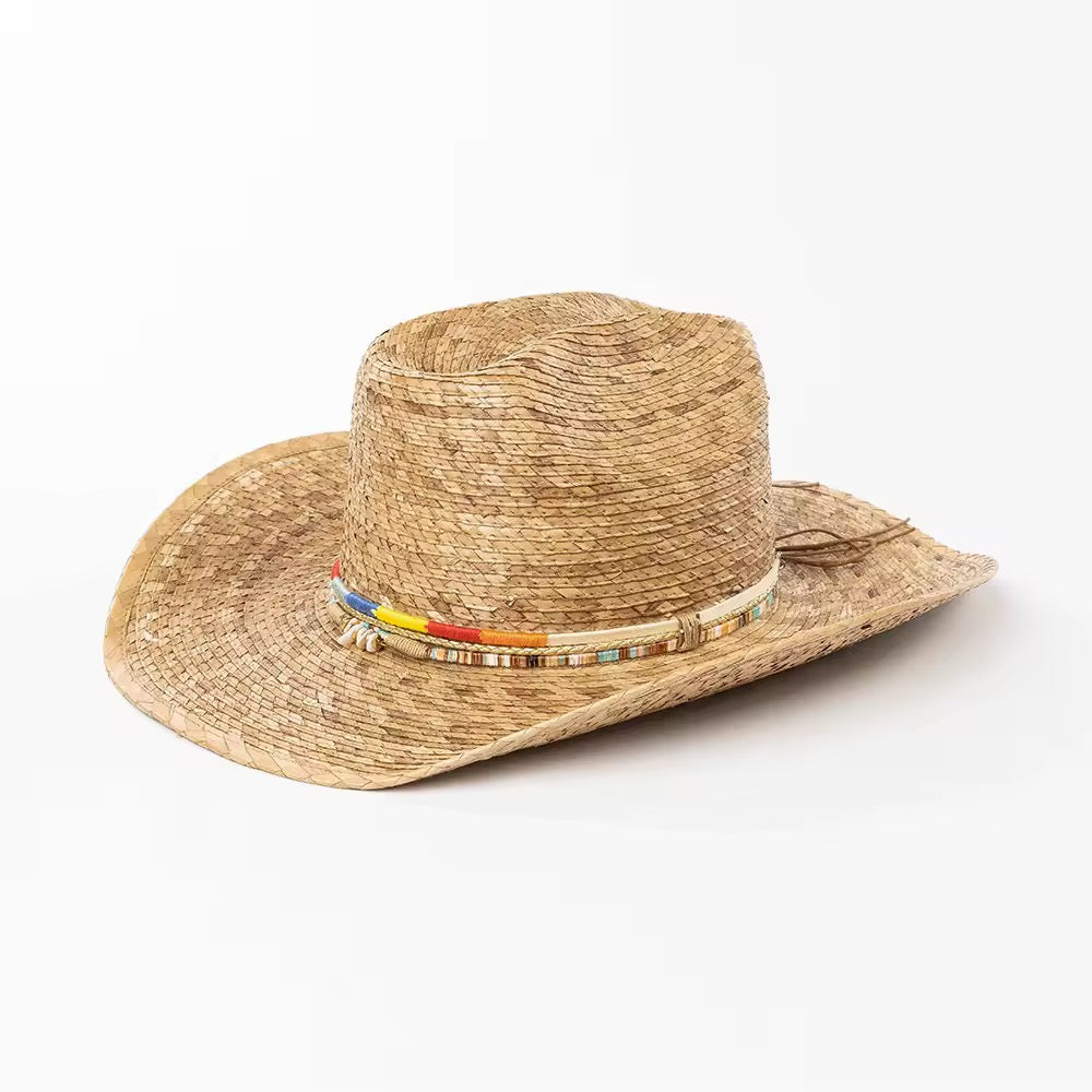 Turfing Colors Straw Cowboy Hat - Adjustable Straps & Beaded Band - Natural Grass Riffia Seagrass - 56-58cm Size - Unisex Outdoor Hat - Accessorizmee