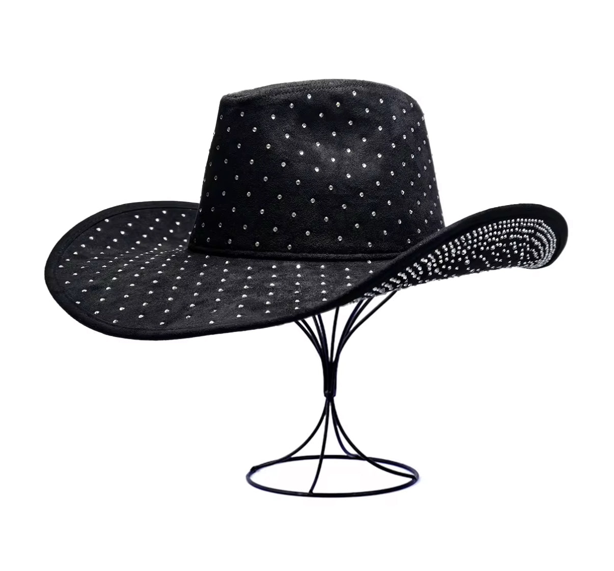 Diamond Embellishment Vegan Suede Cowboy Hat - Adjustable Fedora Style, Unisex, 56-58cm, Ethical & Cruelty-Free, Adjustable Straps Inside - Accessorizmee