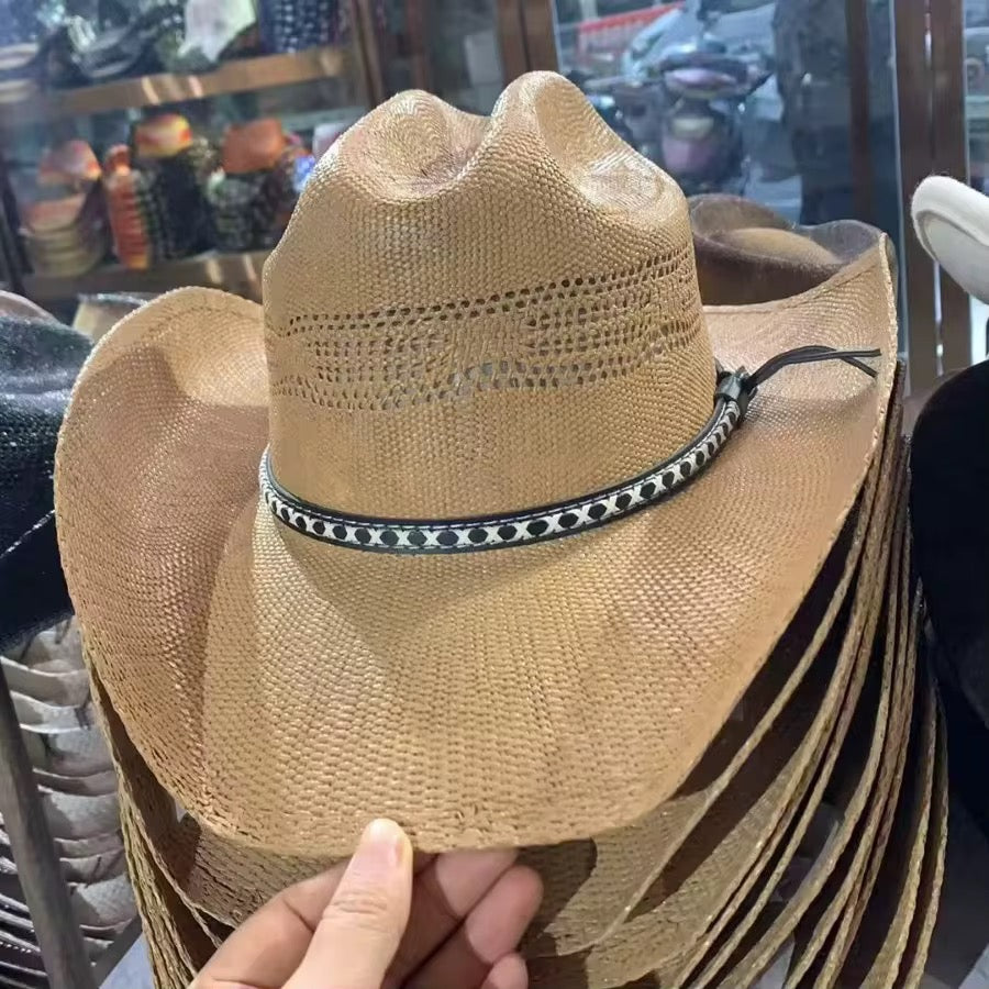 Cowboy Straw Hat - Hand Wash Only, Adjustable Straps, 56-58cm Size, 7cm Brim, 12cm Height, Unisex, Natural Grass Material - Accessorizmee