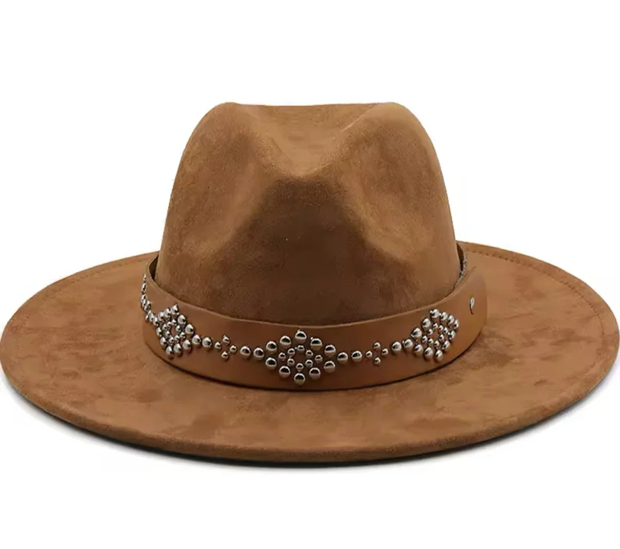 Suede Nailhead Fedora Hat with Decorative Bracelet and Elegant Design - Accessorizmee