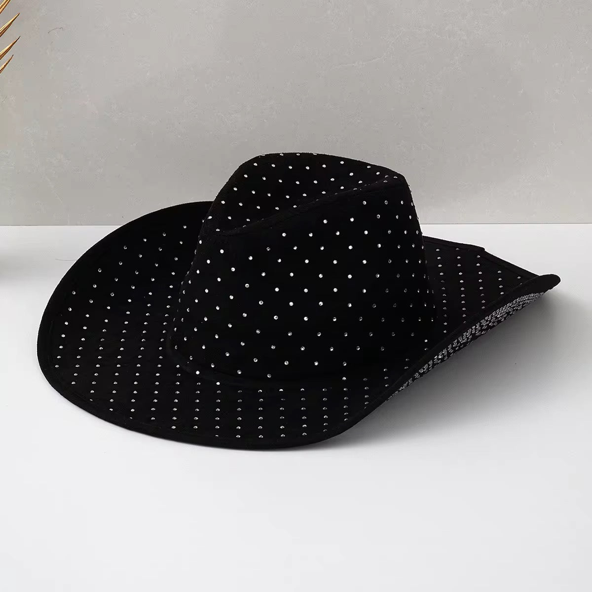 Diamond Embellishment Vegan Suede Cowboy Hat - Adjustable Fedora Style, Unisex, 56-58cm, Ethical & Cruelty-Free, Adjustable Straps Inside - Accessorizmee