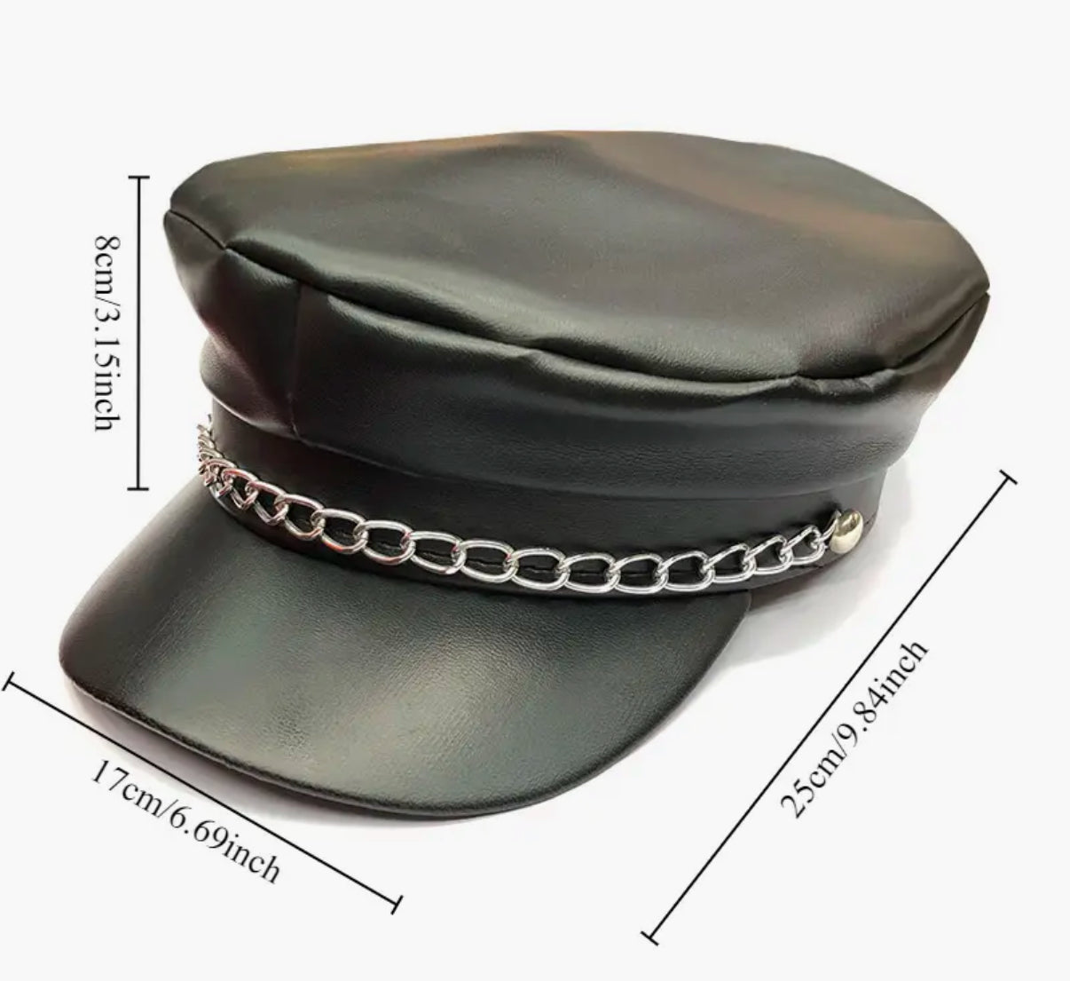 Vintage Style Faux Leather Flat Top Cap with Chain Detail - Accessorizmee
