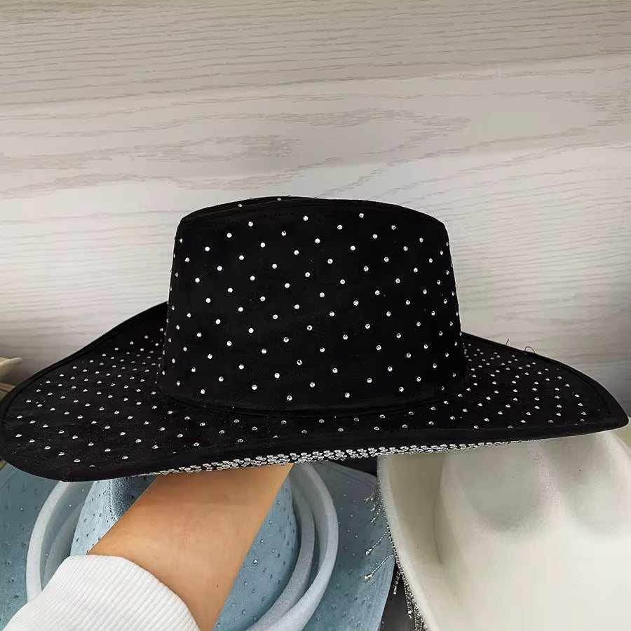 Diamond Embellishment Vegan Suede Cowboy Hat - Adjustable Fedora Style, Unisex, 56-58cm, Ethical & Cruelty-Free, Adjustable Straps Inside - Accessorizmee