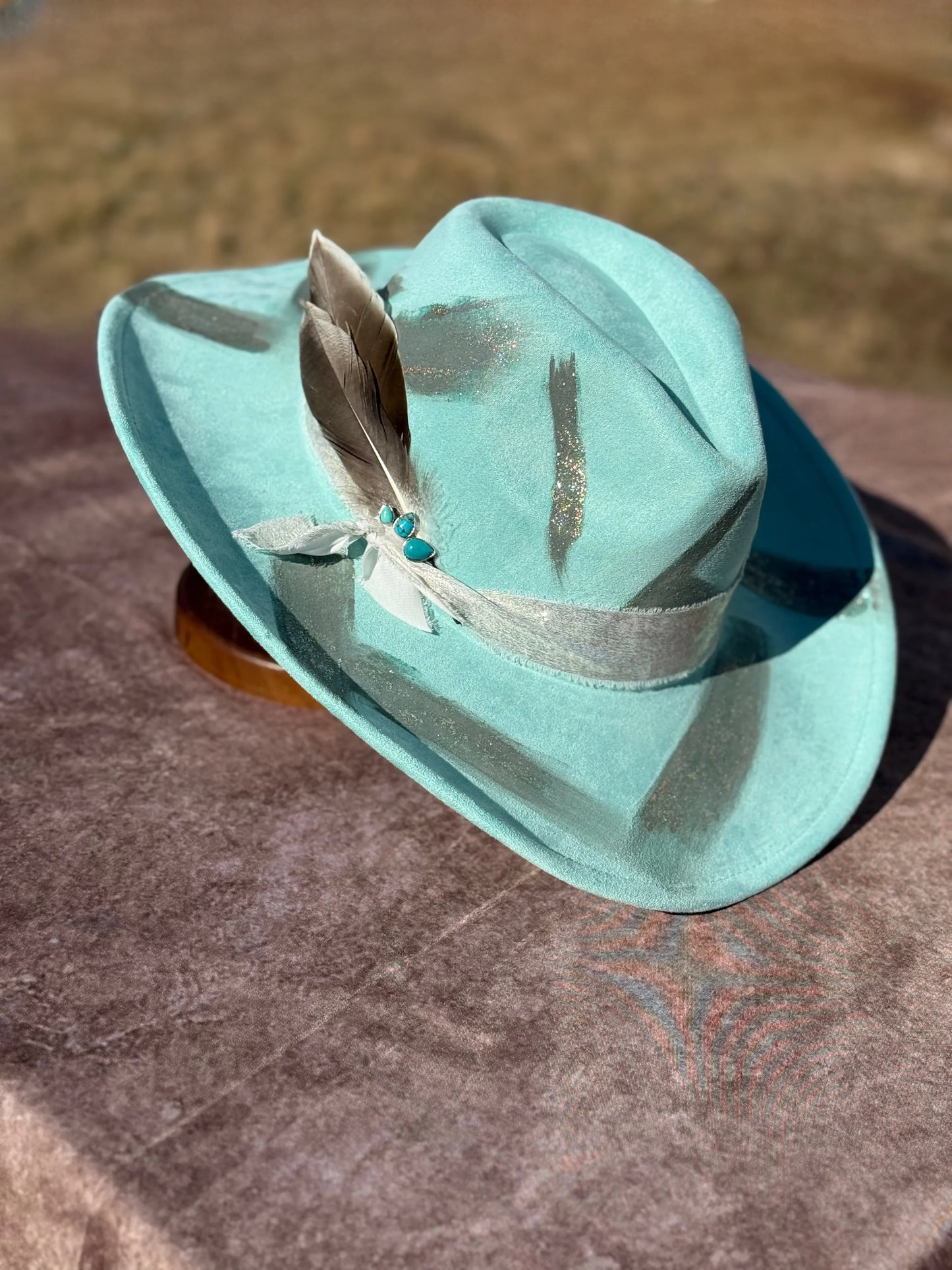 Western Twang Suede Cowboy Hat with Feather Accent and Blue Ribbon, Featuring Western Design Elements - Accessorizmee