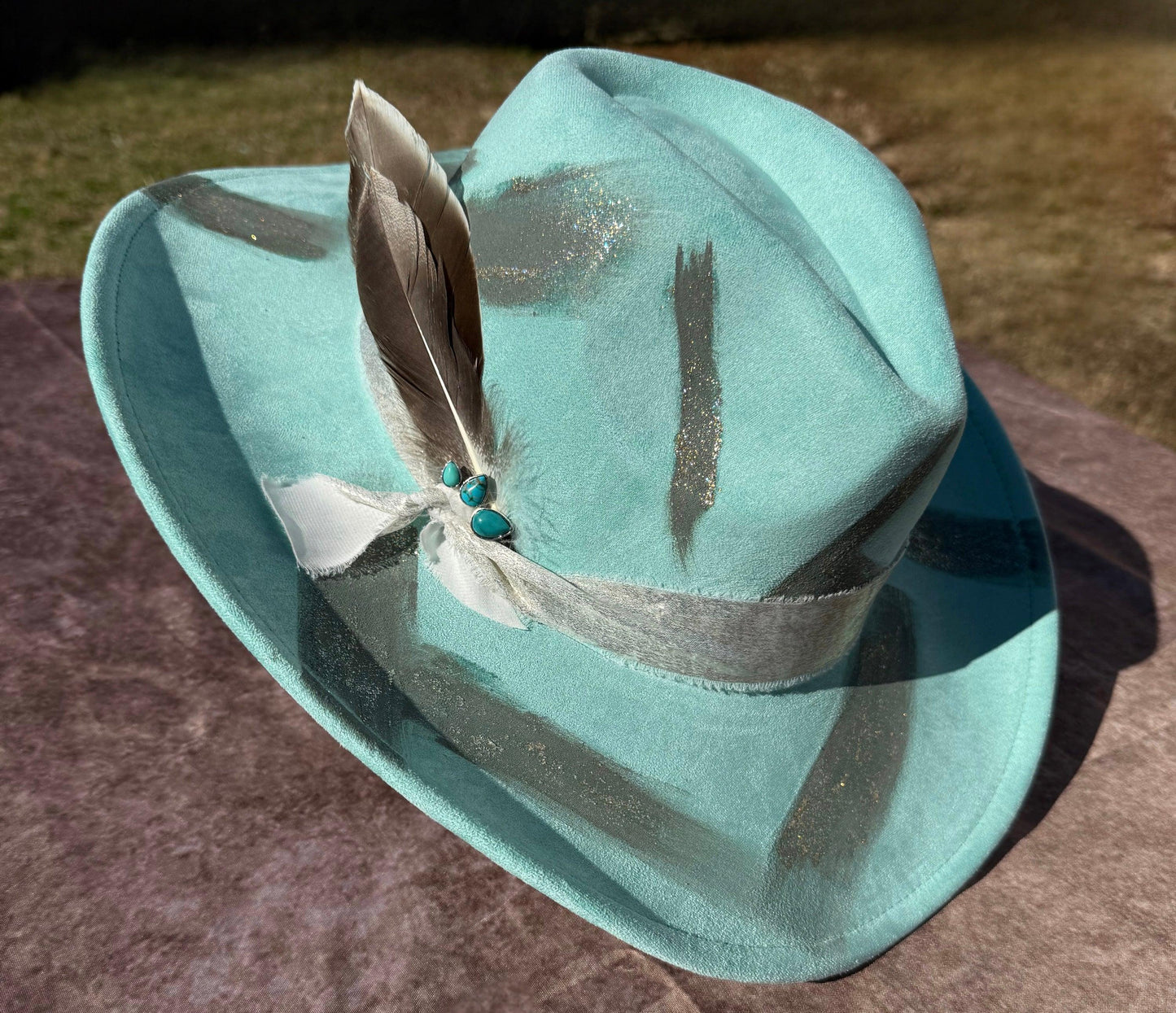 Western Twang Suede Cowboy Hat with Feather Accent and Blue Ribbon, Featuring Western Design Elements - Accessorizmee