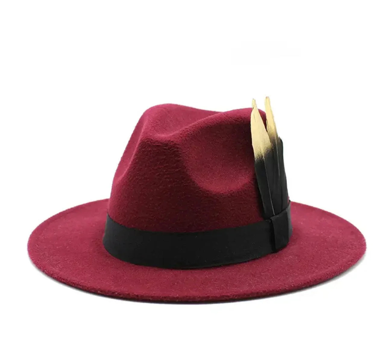 Gold Feathered Fedora Hat-burgundy - Accessorizmee