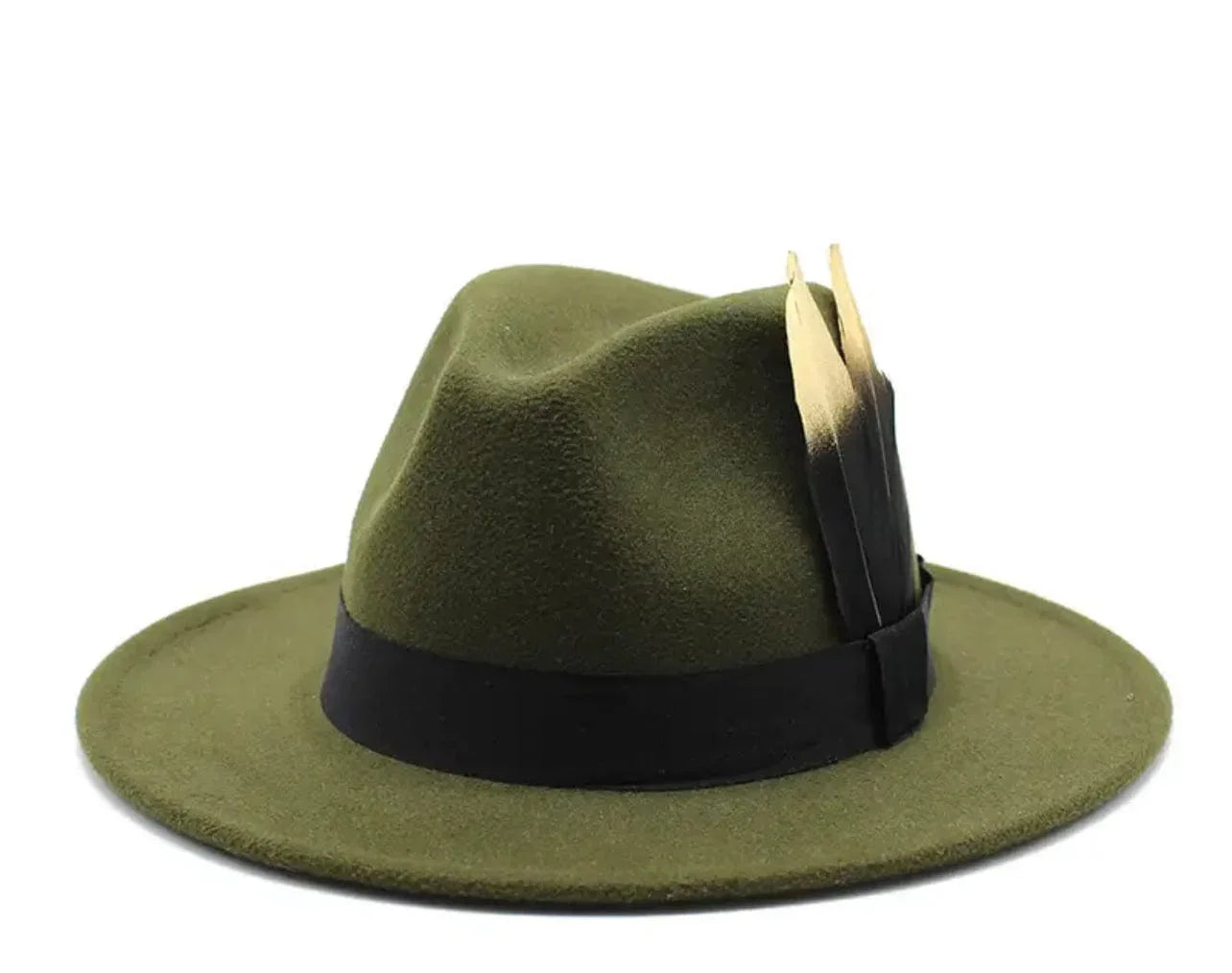 Gold Feathered Fedora Hat-Olive - Accessorizmee