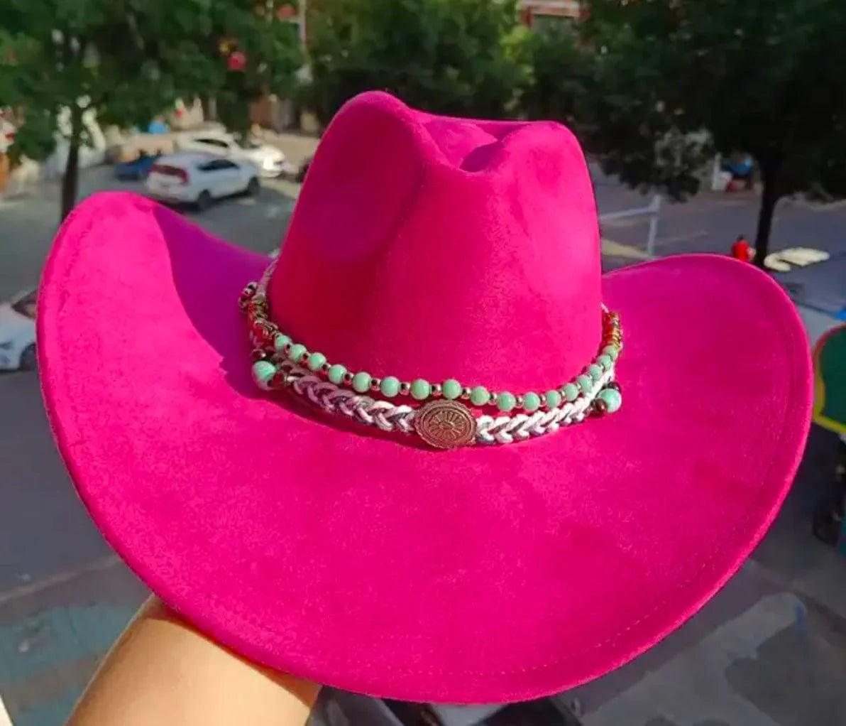 Premium Suede Cowboy Hat - Pink Design with Decorative Beads and Silver Accents - Accessorizmee