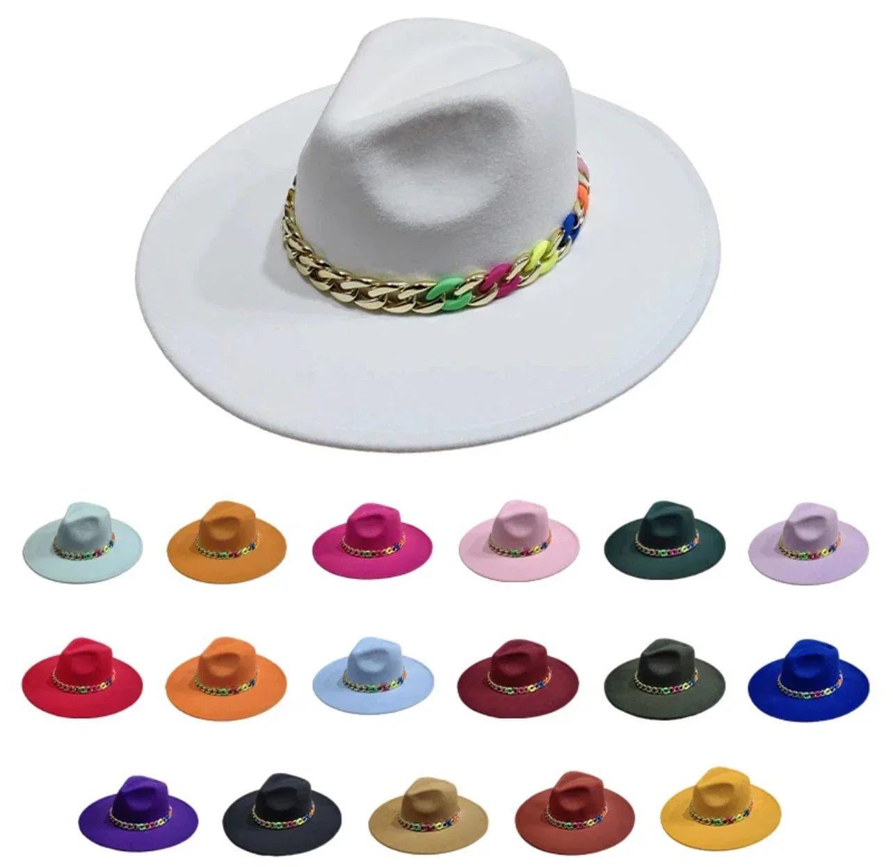 Wide Brim Fedora hat with colorful chain - Accessorizmee
