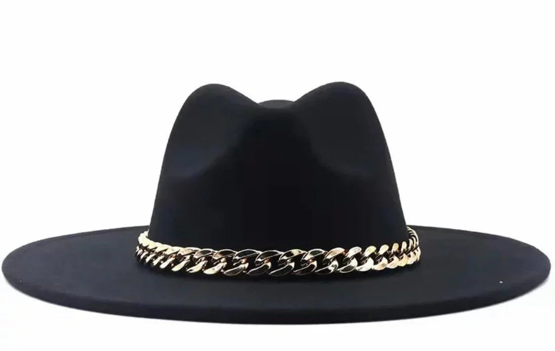Wide Stiff Brim Fedora with Chain - Accessorizmee