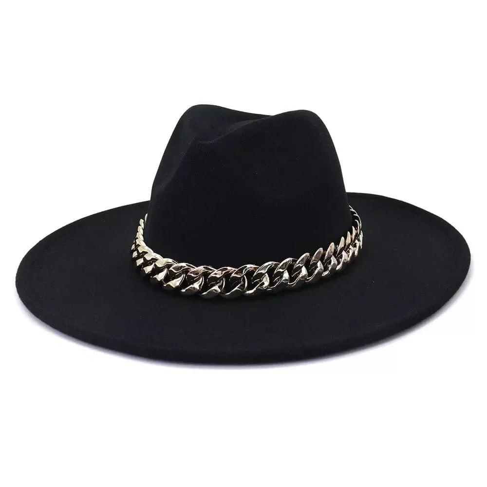Wide Stiff Brim Fedora with Chain - Accessorizmee