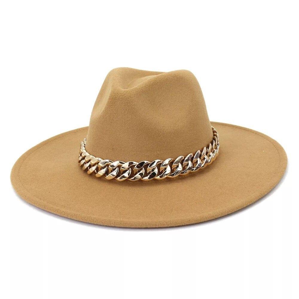 Wide Stiff Brim Fedora with Chain - Accessorizmee