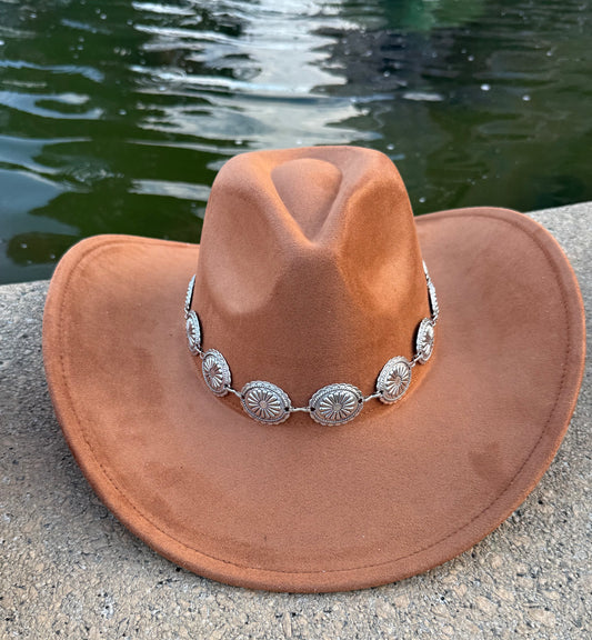 Premium Suede Cowboy Hat - Cognac Design with Decorative chain and Silver Accents - Accessorizmee