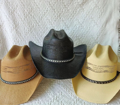 Cowboy Straw Hat - Hand Wash Only, Adjustable Straps, 56-58cm Size, 7cm Brim, 12cm Height, Unisex, Natural Grass Material - Accessorizmee