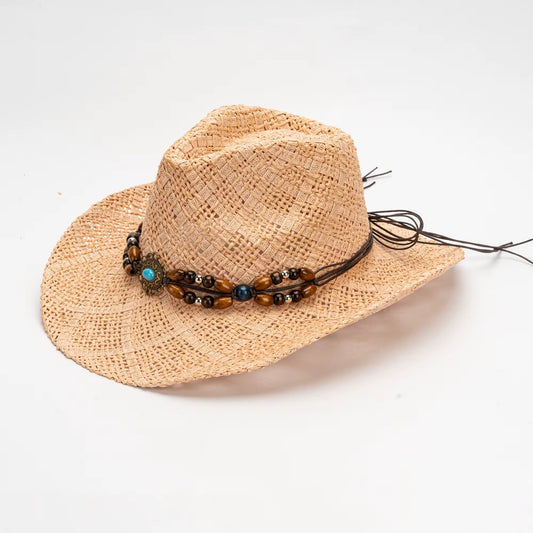 Beached Straw Cowboy Hat - HandWoven ,Natural Grass Adjustable, Unisex ,Sun Protection, 56-58cm Breathable Design with Beaded Band