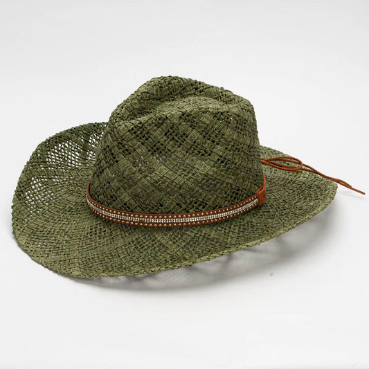 Beached Straw Cowboy Hat - HandWoven ,Natural Grass Adjustable, Unisex ,Sun Protection, 56-58cm Breathable Design with Beaded Band - Accessorizmee
