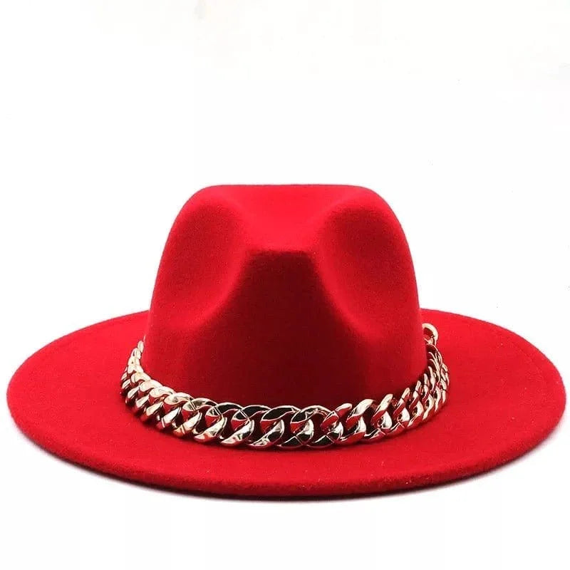 Fedora Hats Women Men Wide Brim Thick Gold Chain Band Felted Hat Jazz Cap Panama Hat Red - Accessorizmee