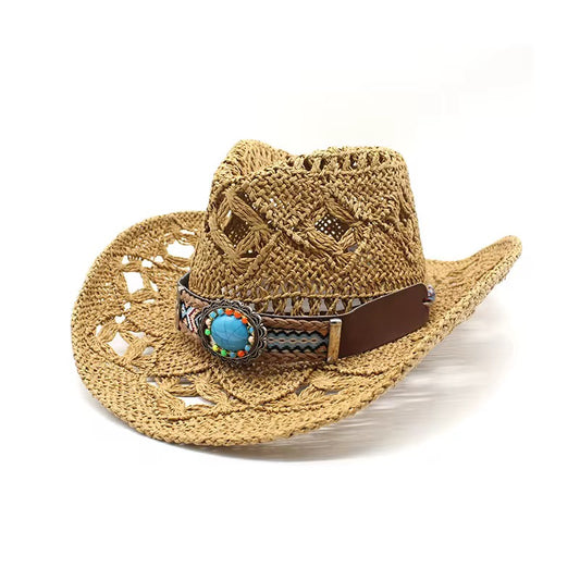 Straw Hat with Cowboy Design and Unique Textured Pattern - Accessorizmee