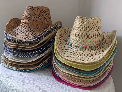 Hand Woven , Straw Cowboy Hat - Unisex,Adjustable Straps & Natural Grass Design - 56-58cm Size - Sun Protection for Western Wear - Accessorizmee