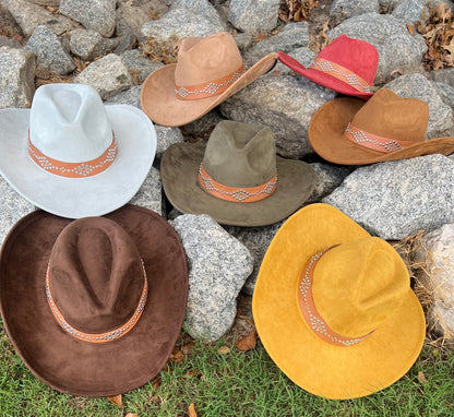 Nailed Suede Cowboy Hat - Brown, Gray, Yellow, Orange & Red - Classic Design with Decorative Band