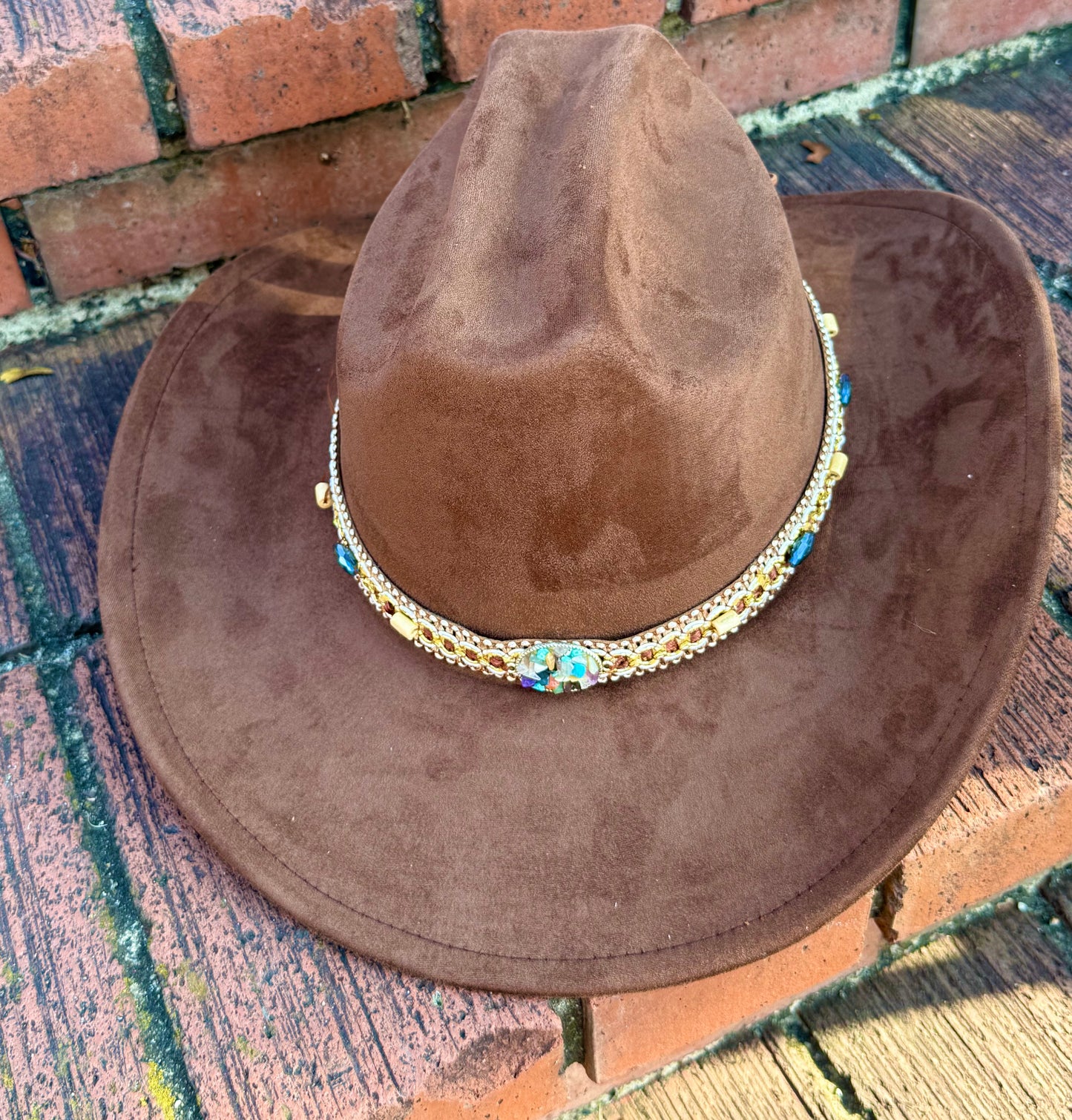Premium Suede Cowboy Hat - Gold Design with Decorative Colorful Accents