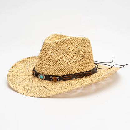Beached Straw Cowboy Hat - HandWoven ,Natural Grass Adjustable, Unisex ,Sun Protection, 56-58cm Breathable Design with Beaded Band - Accessorizmee