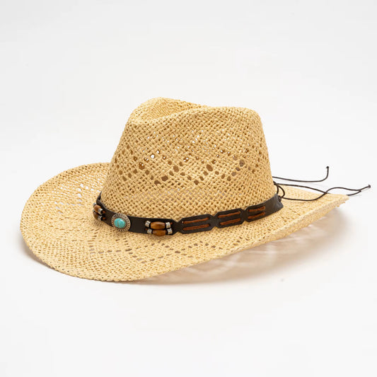 Beached Straw Cowboy Hat - HandWoven ,Natural Grass Adjustable, Unisex ,Sun Protection, 56-58cm Breathable Design with Beaded Band - Accessorizmee