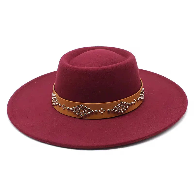 Round Widebrim Nailhead Fedora Hat - Brown with Decorative Beads and Buckle Closure - Accessorizmee