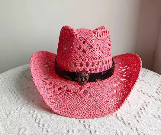 Hand Woven , Straw Cowboy Hat - Unisex,Adjustable Straps & Natural Grass Design - 56-58cm Size - Sun Protection for Western Wear - Accessorizmee