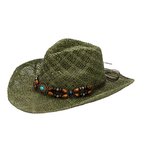 Beached Straw Cowboy Hat - HandWoven ,Natural Grass Adjustable, Unisex ,Sun Protection, 56-58cm Breathable Design with Beaded Band - Accessorizmee