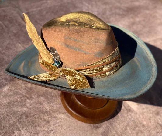 Goldrush Custom Handcrafted Cowboy Hat with Bow and Feather Accent, Featuring Gold Ribbons and Brown Interior