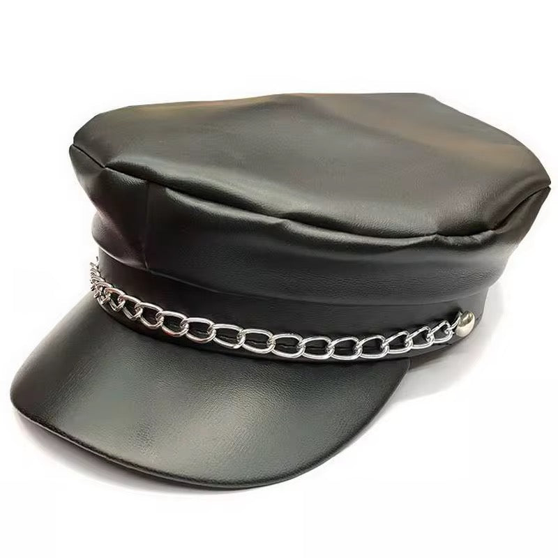 Vintage Style Faux Leather Flat Top Cap with Chain Detail