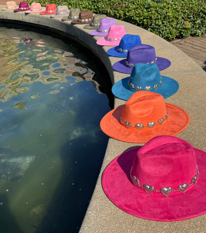 Heartbeat Suede Wide Brim Fedora Hat - Vegan Suede, Adjustable Straps, 10cm Brim, 12cm Height, Unisex Fashion Accessory