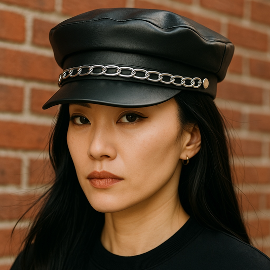 Vintage Style Faux Leather Flat Top Cap with Chain Detail