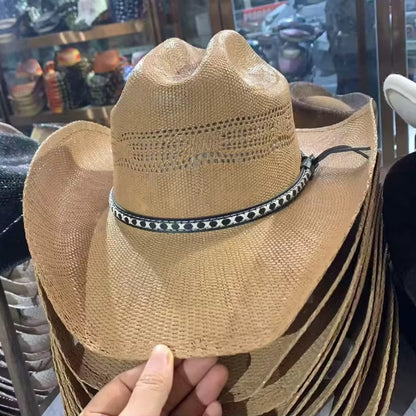 Cowboy Straw Hat - Hand Wash Only, Adjustable Straps, 56-58cm Size, 7cm Brim, 12cm Height, Unisex, Natural Grass Material - Accessorizmee