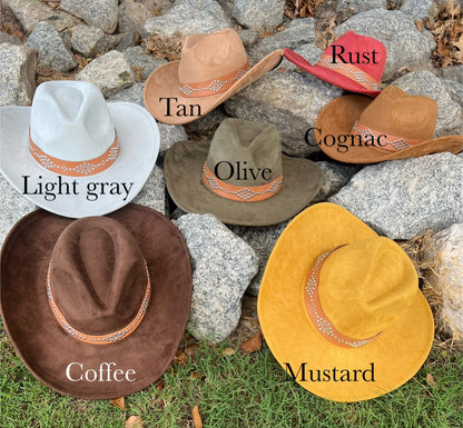 Nailed Suede Cowboy Hat - Brown, Gray, Yellow, Orange & Red - Classic Design with Decorative Band