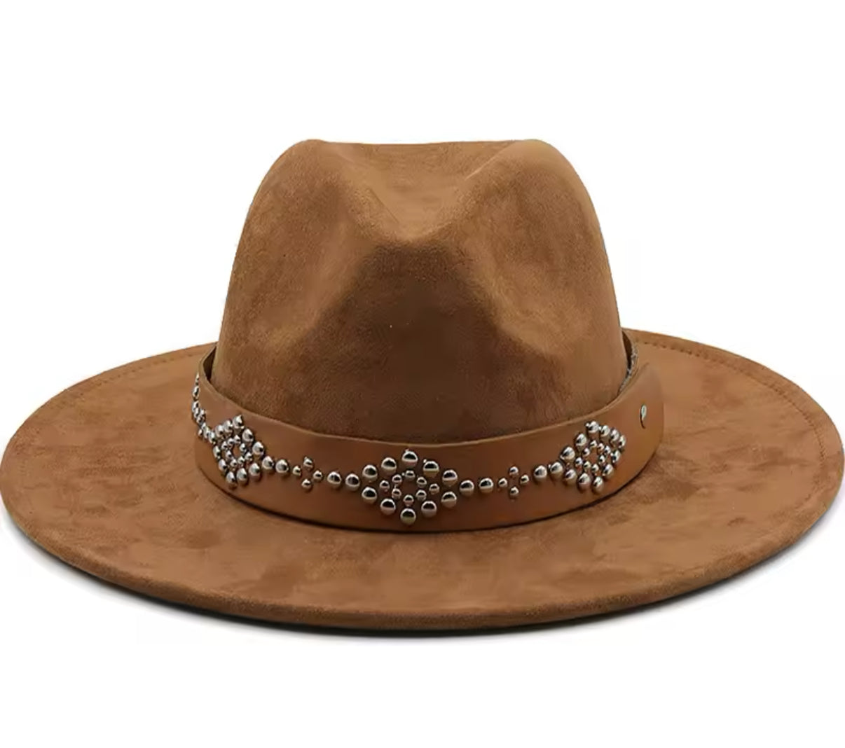 Suede Nailhead Fedora Hat with Decorative Bracelet and Elegant Design