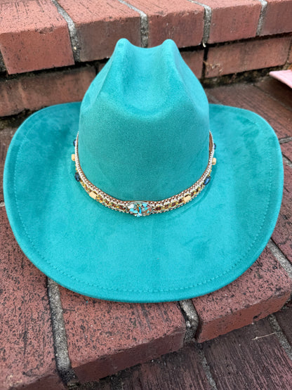 Premium Suede Cowboy Hat - Gold Design with Decorative Colorful Accents - Accessorizmee