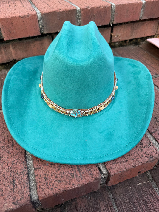 Premium Suede Cowboy Hat - Gold Design with Decorative Colorful Accents - Accessorizmee