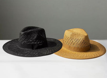 Wide Stiff Brim Straw Hat - Adjustable Straps, Sun Protection, Breathable Natural Grass, Unisex, 56-58cm Size