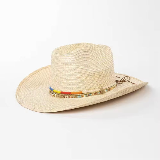 Turfing Colors Straw Cowboy Hat - Adjustable Straps & Beaded Band - Natural Grass Riffia Seagrass - 56-58cm Size - Unisex Outdoor Hat - Accessorizmee