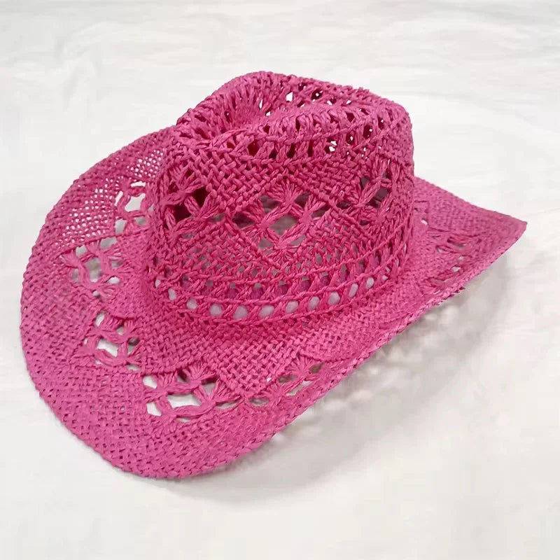 Hand Woven , Straw Cowboy Hat - Unisex,Adjustable Straps & Natural Grass Design - 56-58cm Size - Sun Protection for Western Wear - Accessorizmee