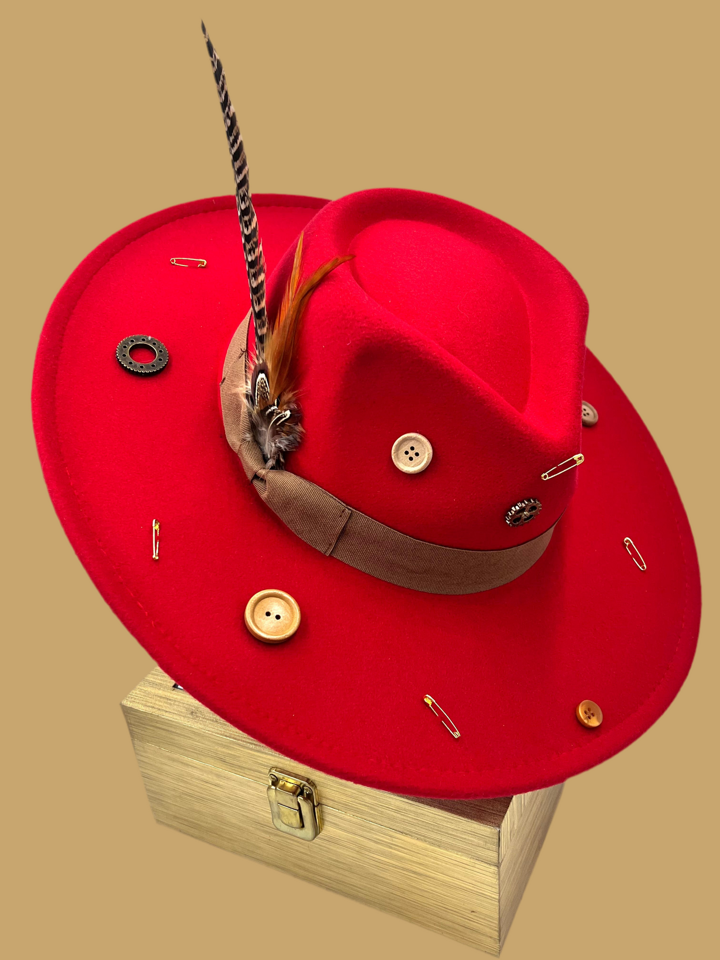 Luxury  Bow Tie Fedora Hat -Button-me-up- Red