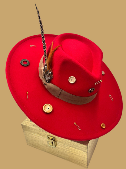 Luxury  Bow Tie Fedora Hat -Button-me-up- Red